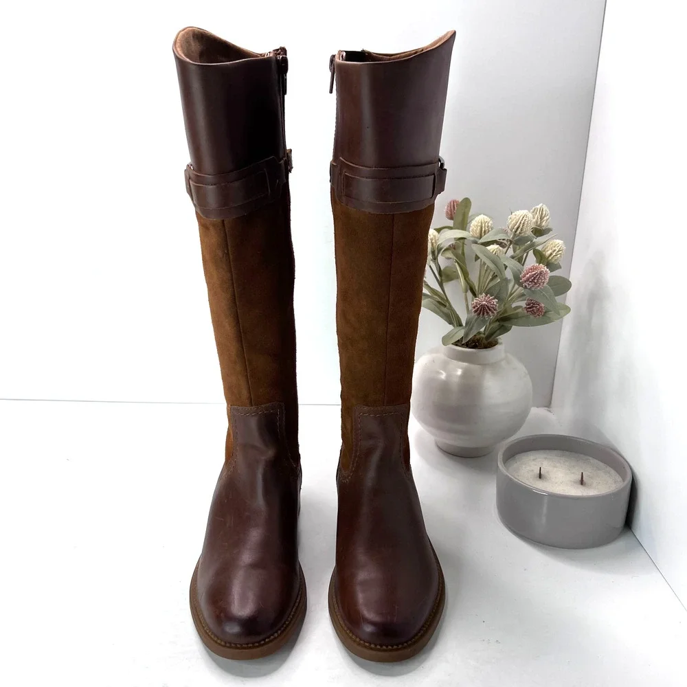 Clarks Maye Carly Leather/Suede Knee High Boots Buckle Detail Brown Women's 6M